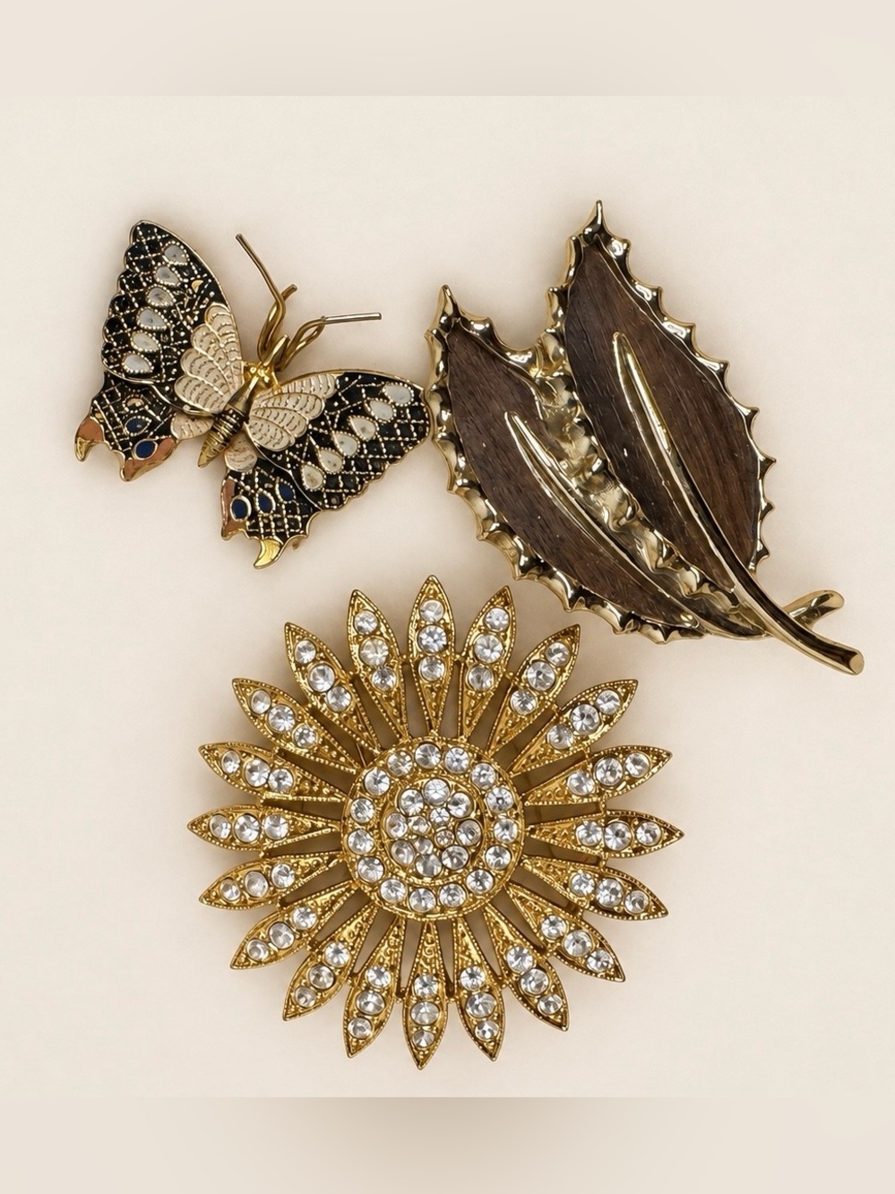 Gold Crystal Sunflower, Butterfly and Leaf Brooch Set - Women Accessories